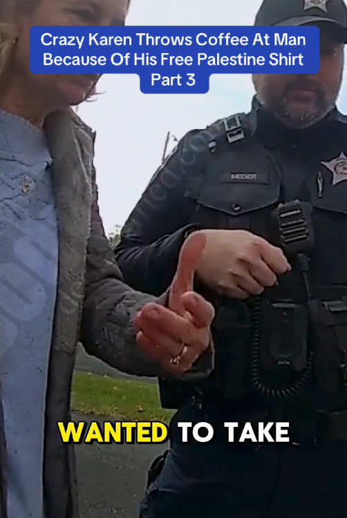 Crazy Karen Throws Coffee At Man Because Of His Free Palestine Shirt part 3 #cop #cops #policeoffice 