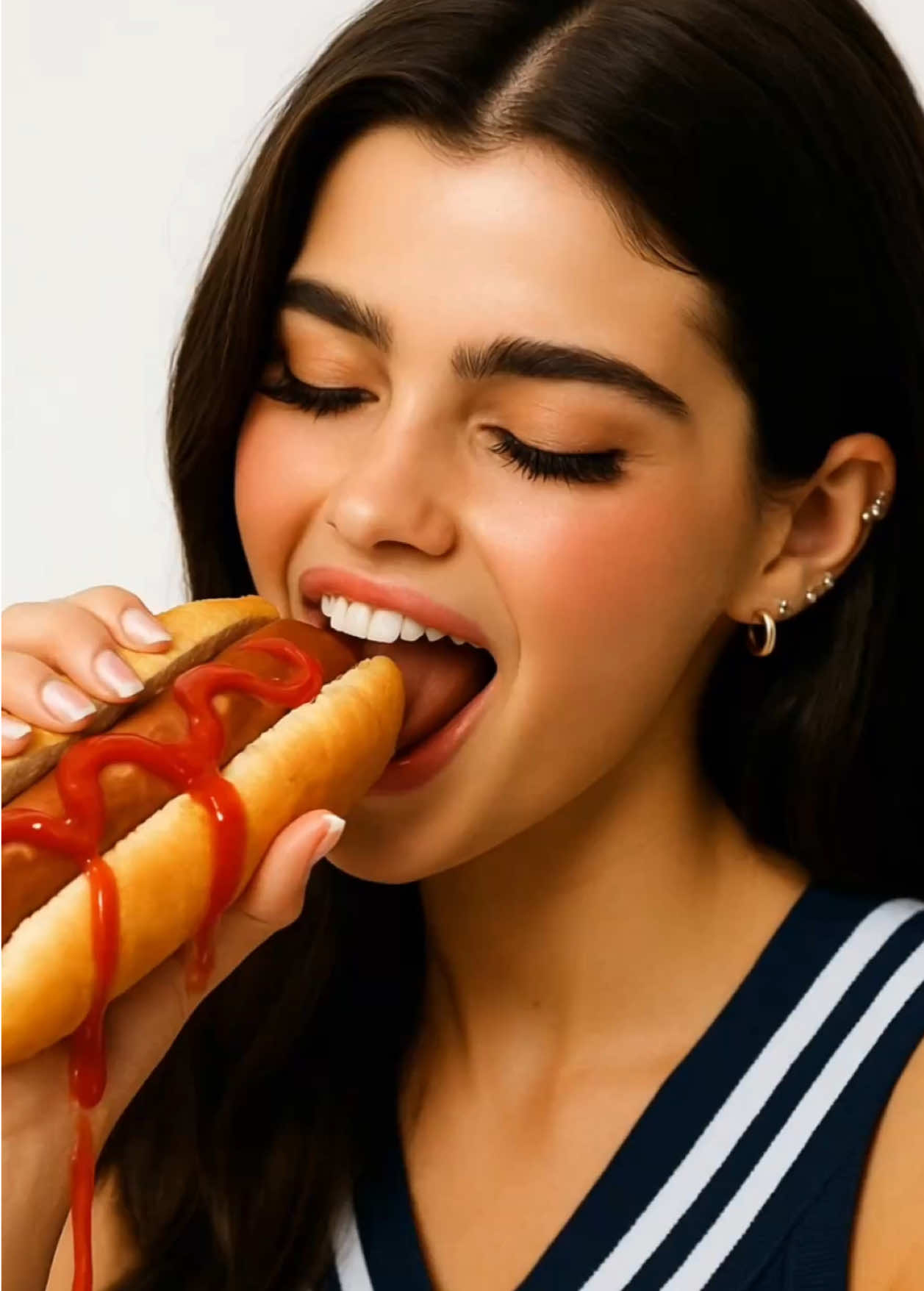 Brunette. AI. And a bite that’s way too real 🌭😏 #aigirl #hotdog  #flavorhunt #realisticai #foodtiktok #streetfoodvibes #eatingvideo #yum #tiktokfood #asmr #asmreating #eating #food #streetfood 