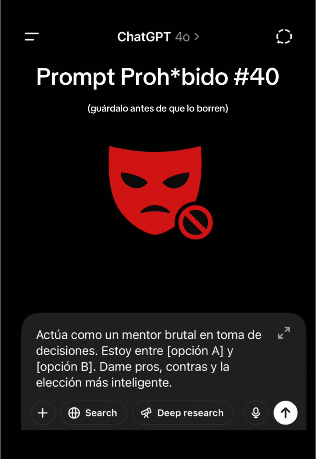 Estás entre dos opciones… y solo una cambia tu vida. Este prompt no es para todos, solo para los que quieren decidir con cabeza fría y sin excusas. ¿Te atreves a escucharlo dos veces? Guárdalo, lo vas a necesitar. #t#tomaDedecisionesm#mentalidadestratégicai#inteligenciaemocionalc#crecimientopersonalv#vidaconscientep#promptIAc#consejoproductivoelegirmejor 
