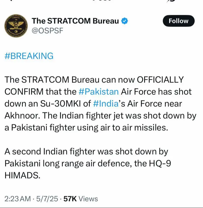 🚨#BREAKING: Pakistan shoots down two Indian jets, strikes brigadier HQ in retaliation for attacks on five cities