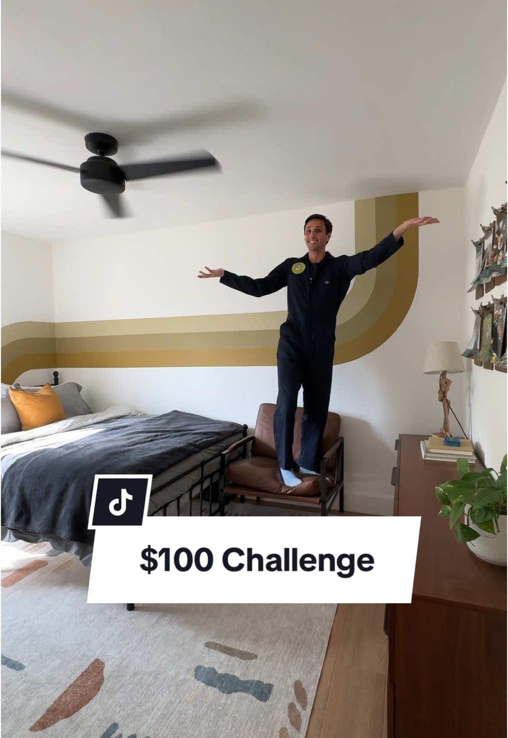 It's wild how much @BEHR Paint can completely transform a room! #ad I love that this sad little storage/guest room is now a place that I can actually invite people over to stay in 🥳 The colors I used are Brazilian Citrine S310-5 , Final Straw S320-3, and Ginger Tea S320-5.  Would you paint the ceiling??  #that70sreno #bedroommakeover #70sdesign #mural