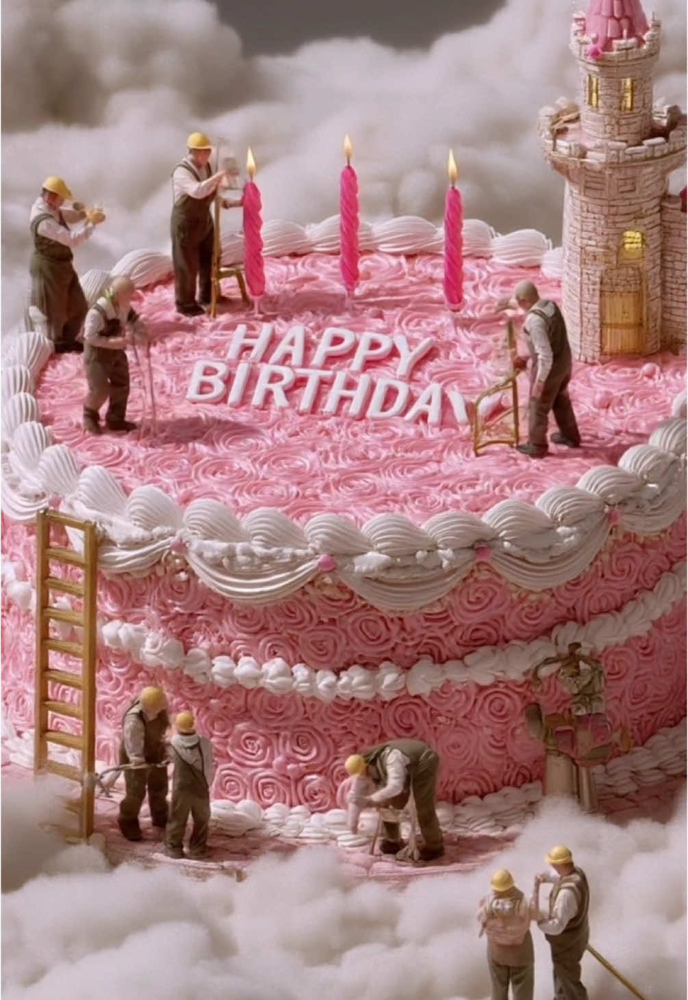 雲の上でお誕生日の人を祝うミニチュア作業員 #aiart #miniature #happybirthday #kling 