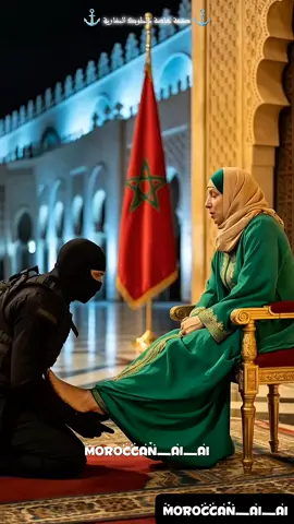 في مشهد ليلي سينمائي مهيب داخل ساحة مسجد الحسن الثاني بالدار البيضاء، تجلس أم مغربية مهيبة على كرسي فخم يشبه العرش، ترتدي قفطاناً تقليدياً مطرزاً بدقة مع حجاب أنيق يعبّر عن الوقار. تحت قدميها، يسجد جندي من القوات الخاصة، يرتدي زياً عسكرياً أسود كاملاً ونظارات عسكرية للرؤية الليلية، يقبّل قدميها بكل خشوع وتقدير. التركيز الكامل على هذه اللحظة العاطفية العميقة التي تمثل رمزية الحماية، الولاء، والفخر الوطني. الأرضية من الزليج المغربي المزخرف، وتحت الكرسي زربية مغربية حمراء بنقوش سوداء تقليدية. في الخلفية، يظهر مسجد الحسن الثاني بإضاءته الهادئة، والمئذنة الشاهقة تضيء تحت سماء مرصعة بالنجوم. وعلى جدار المسجد، يرفرف علم المغرب المصنوع من حرير فاخر، بخيوط ذهبية راقية على الجوانب، في مشهد يجمع بين القوة، الهيبة، والهوية المغربية الأصيلة. #الأم_المغربية #مسجد_الحسن_الثاني #فخر_المغرب #القوات_الخاصة #الزي_التقليدي #الزليج_المغربي #المغرب_العميق #رمزية_الولاء #قفطان_مغربي #حجاب_مغربي #علم_المغرب #مجد_الوطن #الهوية_المغربية   #MosquéeHassanII #FiertéMarocaine #CaftanMarocain #Zellij #MoroccanPride #MilitaryRespect #MoroccanMother #MoroccanFlag #CasablancaNights #MoroccanCulture #CinematicMorocco #respectandhonor 