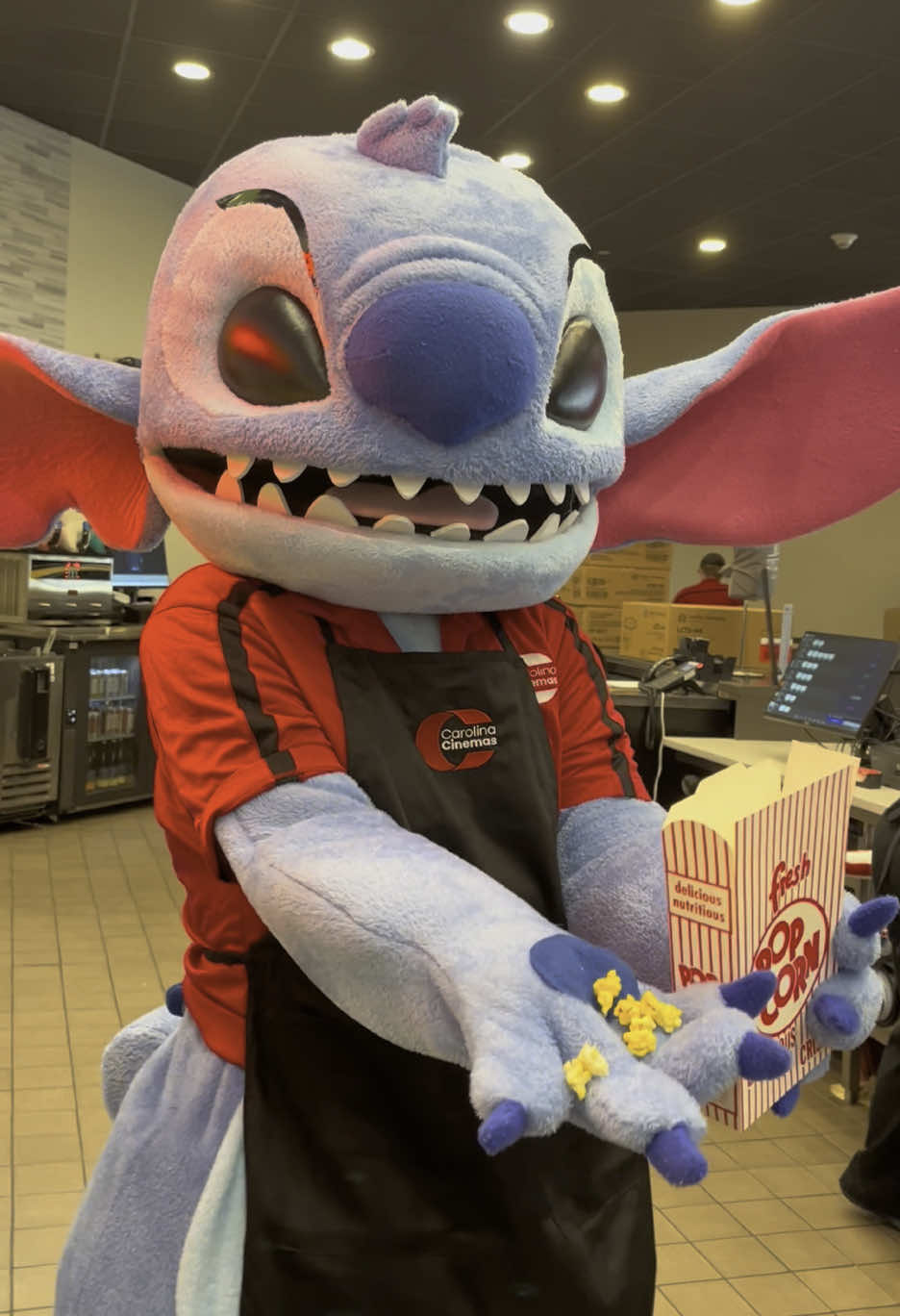 Stitch loves his new job at Carolina Cinemas!!! 💙🌺 @Disney  #carolinacinemas #sandhills10 #moorecountync #southernpinesnc #aberdeennc #themovies #stitch #liloandstitch #disney #fyp #foryou 