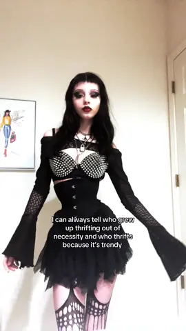 My mother would(and still does) thrift fabric and table cloth to turn into clothing we are not on the same levellll #alttiktok #thrifting #thriftshop #goth #fyp 