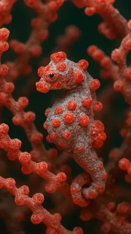 Master of disguise. This tiny pygmy seahorse (Hippocampus bargibanti) measures just 2 cm (under an inch) in length and is a master of disguise, blending seamlessly with the gorgonian sea fans it calls home. Nearly invisible against its coral backdrop, it ranks among nature’s most skilled camouflage experts.