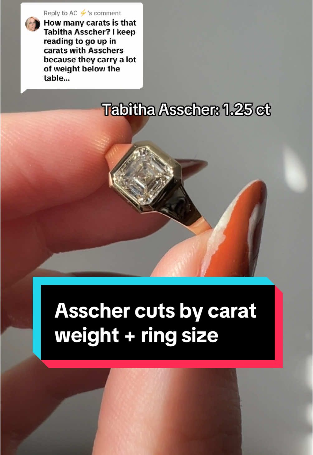 Replying to @AC ⚡ Asschers and emerald cuts are the worst in terms of face up size I think, what a bummer! #jewelrydesigner #engagementring #engagementrings #labgrowndiamond #labgrowndiamonds #stepcut #asscher 