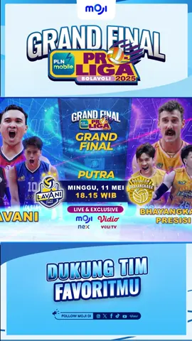 Jangan lewatkan Grand Final putra PLN Mobile Proliga 2025 antara Lavani menghadapi Bhayangkara Presisi Minggu, 11 Mei 2025 pukul 18:15 WIB Ayo dukung tim favoritmu dan saksikan Grand Final PLN Mobile Proliga 2025 tanggal 10 dan 11 Mei 2025 Live & Exclusive di Moji, Vidio, Nex dan Voli TV #mojisijagovoli #mojisports #pInmobileproliga #proliga2025