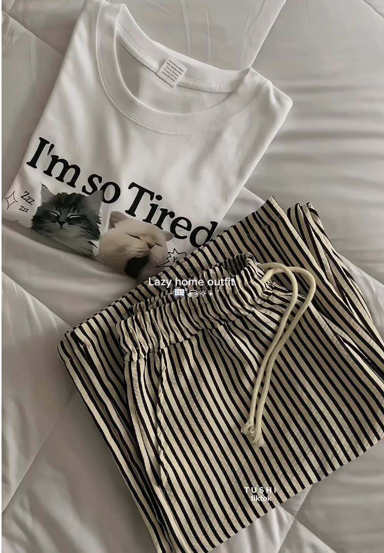 My go-to home outfit 🍃☕️ comfy tshirt and loose pants.  #tshirtmurah #tshirtviral #stripedpants #loosepants #seluarmurah #bajutidur #aestheticvibes 