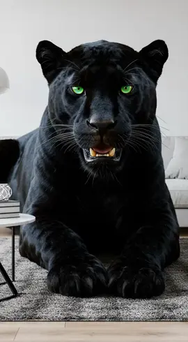 Live Wallpaper: Pantera Negra Colossal no Minimalismo da Sala Imagine uma pantera negra colossal com pelo selvagem, sedoso e bagunçado, rosnando em uma pose épica enquanto repousa sobre um tapete em uma sala de estar minimalista. Seus grandes olhos verdes perfeitos brilham intensamente com uma cor vibrante, atraindo todos os olhares. O manto volumoso e indomado da pantera destaca seu corpo muscular e impecável, com cada detalhe capturado em precisão fotorrealista. Suas patas poderosas e perfeitamente esculpidas repousam elegantemente sobre o tapete, irradiando força bruta, majestade selvagem e domínio imparável, criando um contraste marcante com o ambiente sereno e minimalista. #PanteraNegra  #MajestadeSelvagem  #domínioprimal  #PixVerse  #LiveWallpaper 