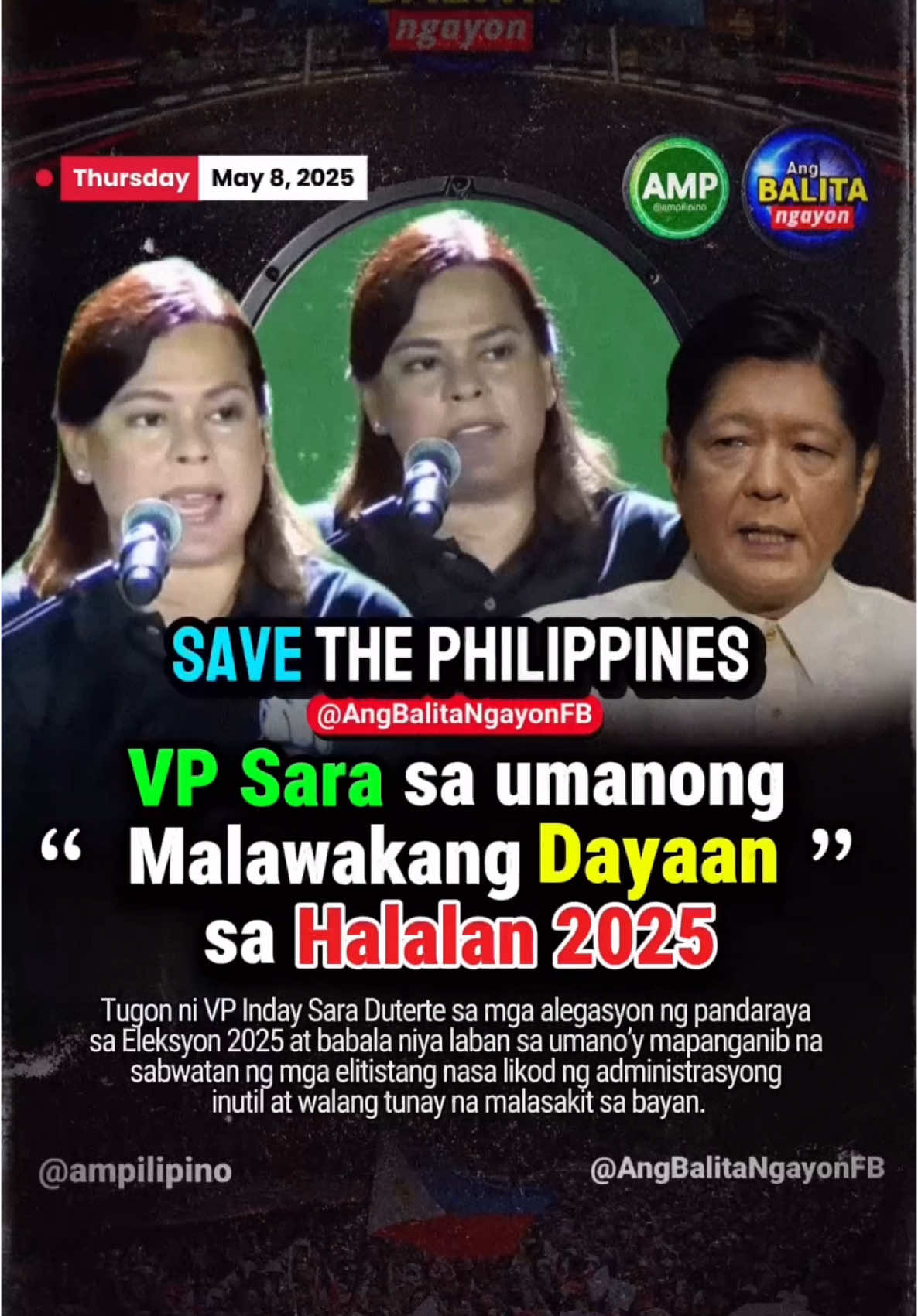 “VP Sara sa umanong Malawakang Dayaan sa Halalan 2025” - Tugon ni VP Inday Sara Duterte sa mga alegasyon ng pandaraya sa Eleksyon 2025 at babala niya laban sa umano'y mapanganib na sabwatan ng mga elitistang nasa likod ng anya’y administrasyong inutil at walang tunay na malasakit sa bayan. #duterte #vpsaraduterte #indaysaraduterte #pdplaban #ovp