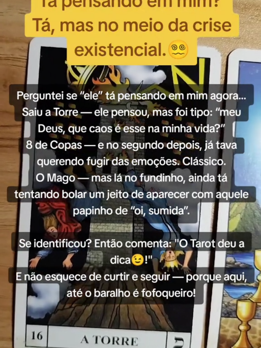 Sim, ele pensou. Mas misturou colapso emocional🤯 com vontade de fugir🏃… e uma pitada de charme manipulador😏. Ou seja: um combo perfeito pra causar. #TarotComHumor #ElePensouEmMim #Torre #8DeCopas #OMago #FofoqueirasDoTarot #TarotSincerão #TarotDoDia #DramaAstral 