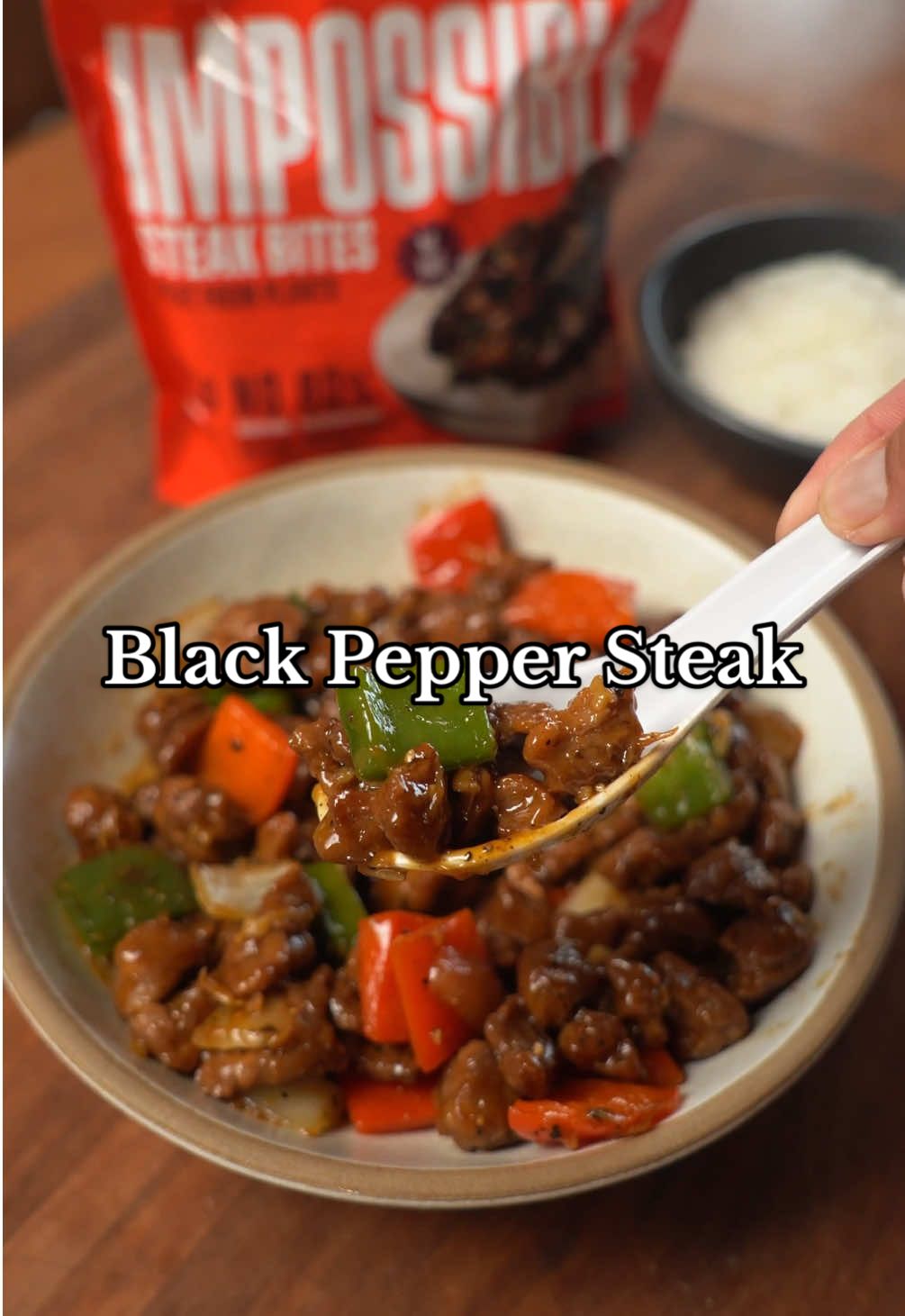 Black Pepper Steak — one of my all-time favorite stir-frys, now made with @Impossible Foods Steak Bites. All the bold, savory flavor, but it’s meat from plants #ImpossibleFoods #ImpossiblePartner #cookimpossible #blackpeppersteak #Recipe 