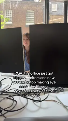 Always making awkward eye contact with whoever’s sitting opposite 👀 #creativeagency #officelife #officehumor #monitors #london 