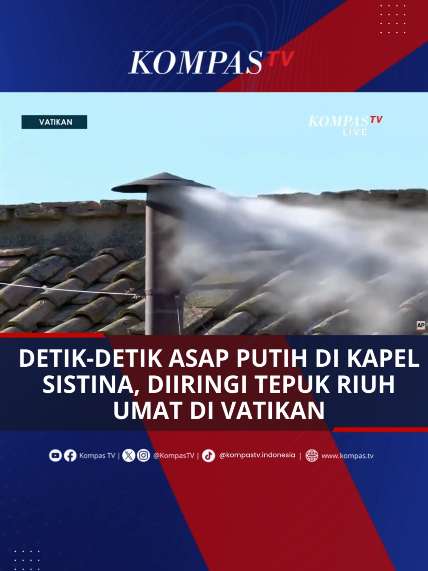 Asap putih mengepul dari cerobong kapel sistina di Vatikan, Kamis (8/5/2025). Umat yang berkumpul di Basilika Santo Petrus bersorak, diiringi bunyi lonceng gereja. Sebanyak 133 kardinal ikut serta dalam konklaf memilih paus baru. #TikTokBerita #BreakingNewsKompasTV