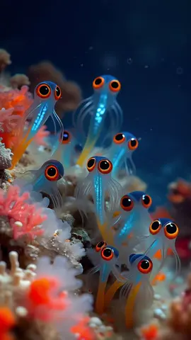 🌊 Spot the SEA OWL FISH… then see a whole school of Glass Goby larvae! ✨ Glass Goby larvae are nearly invisible—fully transparent to dodge predators.  💡 They glow with micro-photophores, luring plankton in the midnight reef.  👁️ Sea Owl Fish larvae have huge eyes built for low-light hunting. Don’t blink—or they’ll vanish! 👀 #underwater #ocean #fish #coral #bioluminiscent #bigeyes #ai 