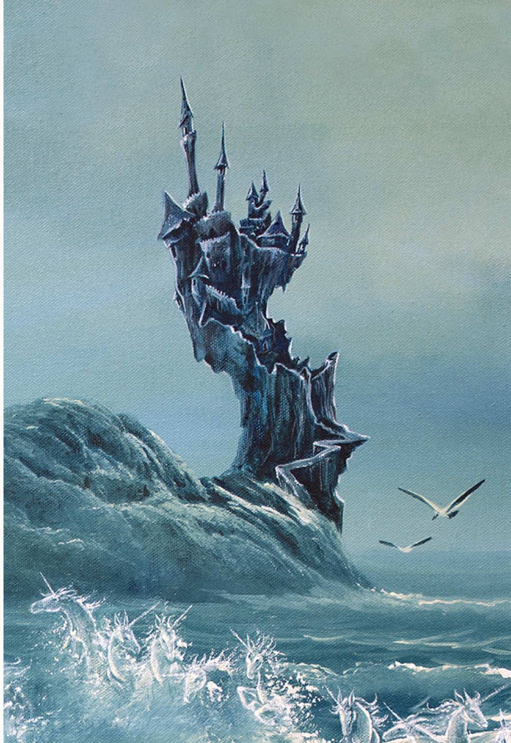 I painted The Last Unicorn into this old painting! I searched for months for a vintage seascape to paint King Haggard’s castle on the cliff and hide unicorns  in the waves.  This 80's animated movie is where my lore started, and I still can’t watch this movie without crying! The scene I am painting is inspired by King Haggard boasting about the unicorns : “They are mine! They belong to me!” Christopher Lee’s voice was perfect for King Haggard… and as I painted I imagined him looking out from his castle, and looking upon his captured unicorns sparkling in the waves. They were never able to reach the shore for fear of the Red Bull.  “The Last Unicorn” film was inspired by the novel written by Peter Beagle. If you weren’t totally disturbed by the movie (as I hear a lot of people were!) I recommend reading the book… it adds so much depth to the characters and landscape, including this wonky castle! Apparently it was built by a witch, and when King Haggard refused to pay her for it (maybe because it didn’t look particularly up to code when it was done?) she cursed him and the castle and the nearby village. That is all left out of the films, but reading it does add a poetic justice to the end of the film when the curse is fulfilled.  I’ll share painting the unicorns soon!  #heathercastles #canadianartist #upcycledvintageart #alteredart #oceanscene #seascape #unicorn #thelastunicorn  #unicornlore #christopherlee #kinghaggard #fairytale 
