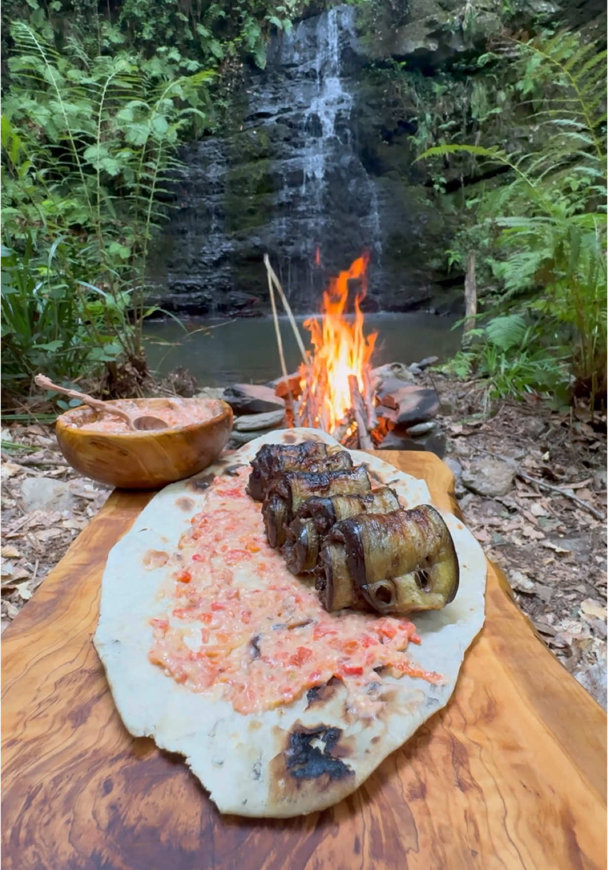 Eggplant Kebab by the Waterfall 😍🔥 #outdoorcooking #eggplant #kebab #asmrcooking #cooking #Recipe #shawarma 