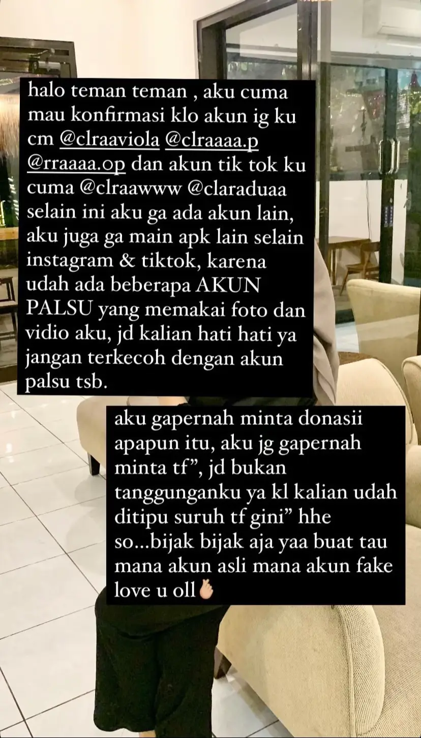 jadi kl ada yang pake foto/vidioku diapk manapun itu bukan akun ku kecuali akun yang ku sebut diatas, sekali lagi ITU BUKAN AKUNKU!! ITU FAKE ACCOUNT!! JELASS YAA!! hati-hatii ya guyss, jangan sembarangan transfer.