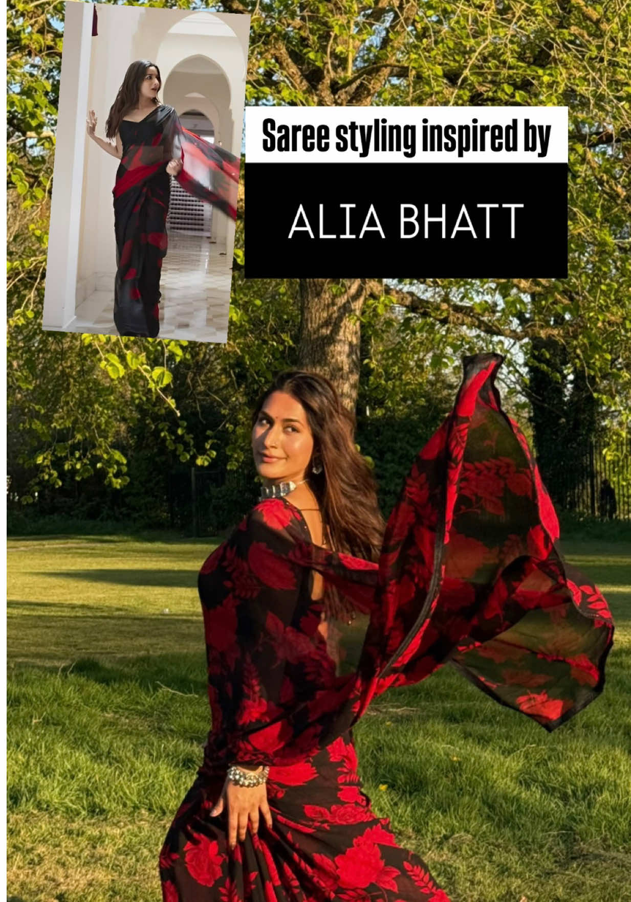 Saree styling inspired by this Alia Bhatt look I had saved from two years ago after watching the Rocky Aur Rani movie ❤️ also not 5’2 or Bengali but have this mix on repeat 🔥 #saree #fypppp #tamil #aliabhatt #rockyaurranikipremkahani #sareestyling #outfitrecreation #styledby #sareelove #uktamil #aliabhattfans #gendapool  [saree styling, inspo, Alia bhatt, outfit recreation, Tamil, new song, genda pool]