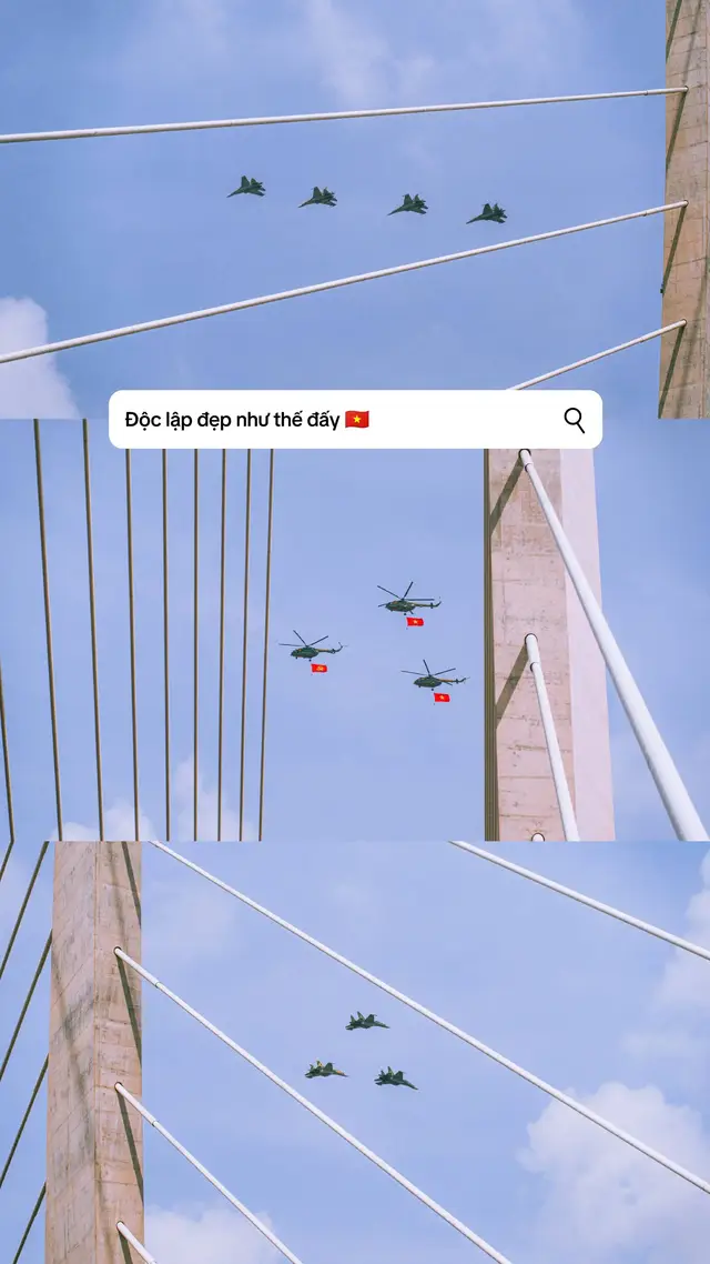 Những bức ảnh này ghi lại khoảnh khắc trang nghiêm và đầy tự hào của đội hình máy bay và trực thăng quân sự Việt Nam bay qua các tòa nhà và cây cầu tại trung tâm thành phố, mang theo Quốc kỳ Việt Nam và cờ Đảng Cộng sản Việt Nam. Những hình ảnh này không chỉ thể hiện sức mạnh, sự chuyên nghiệp của lực lượng vũ trang mà còn gợi lên tinh thần độc lập, tự chủ và niềm kiêu hãnh dân tộc. Đây là một phần trong diễu hành trình diễn nhân dịp ngày Giải phóng miền Nam.