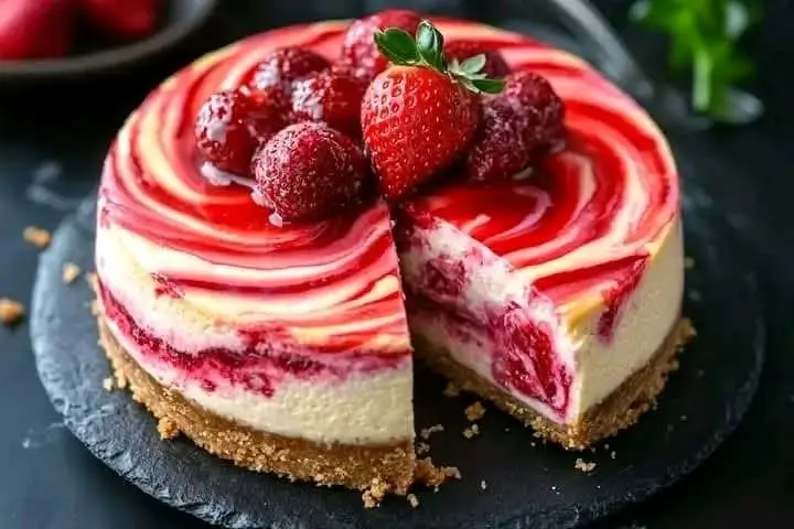 Strawberry Swirl Cheesecake For the Crust: - 1 1/2 cups graham cracker crumbs - 1/3 cup granulated sugar - 1/2 cup unsalted butter, melted For the Cheesecake Filling: - 24 oz cream cheese, softened - 1 cup granulated sugar - 1 teaspoon vanilla extract - 3 large eggs - 1/3 cup sour cream For the Strawberry Swirl: - 1 cup fresh strawberries, hulled and sliced - 1/3 cup granulated sugar - 1 tablespoon lemon juice  Instructions: 1. To begin, preheat your oven to 325°F (160°C). In a mixing bowl, combine the graham cracker crumbs, granulated sugar, and melted butter. Mix well until all ingredients are combined. Press this mixture firmly into the bottom of a 9-inch springform pan. Place it in the oven and bake for 8-10 minutes until set. Once done, remove it from the oven and allow it to cool. 2. While the crust is cooling, prepare the strawberry swirl. In a small saucepan, combine the sliced strawberries, granulated sugar, and lemon juice. Cook over medium heat for about 5-7 minutes, or until the strawberries soften and release their juices. Lightly mash the strawberries with a fork or potato masher and then set aside to cool. 3. Next, prepare the cheesecake filling. In a large bowl, beat the cream cheese until it is smooth. Add the sugar and vanilla extract, mixing until well combined. Then, add the eggs one at a time, mixing on low speed until just combined. Finally, stir in the sour cream until the mixture is smooth. 4. Now it's time to assemble the cheesecake. Pour half of the cheesecake filling into the cooled crust. Drop spoonfuls of the strawberry mixture over the cheesecake filling, and use a knife to swirl them together. Pour in the remaining cheesecake filling and top with the rest of the strawberry mixture, swirling again to combine. 5. Bake the cheesecake in the preheated oven for 55-65 minutes or until the center is set but still slightly jiggly. Once done, turn off the oven and crack the door open. Allow the cheesecake to cool in the oven for 1 hour. 6. After it has cooled, refrigerate the cheesecake for at least 4 hours or preferably overnight before serving. 7. To serve, remove the cheesecake from the springform pan and slice it into pieces. You may garnish it with fresh strawberries if desired. Enjoy your delicious strawberry swirl cheesecake!