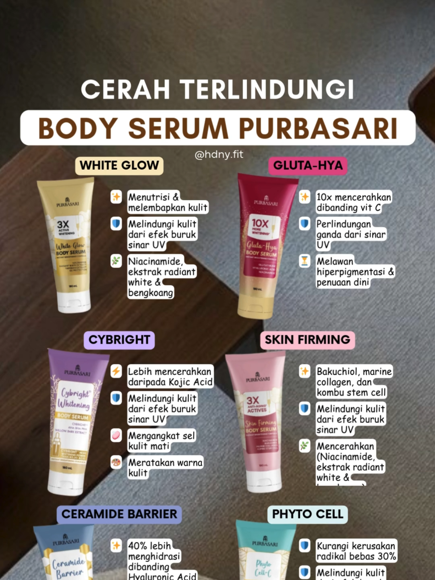 Body Serum Purbasari punya 6 varian dengan keunggulan unik sesuai kebutuhan kulitmu! White Glow bantu cerahkan dan lembapkan kulit dengan Niacinamide dan ekstrak bengkoang. Gluta-Hya mencerahkan 10x lebih dari vitamin C dan lawan tanda penuaan. Cybright efektif atasi lipatan gelap dan warna kulit tidak merata, lebih powerful dari Kojic Acid. Skin Firming kencangkan kulit dengan Bakuchiol, marine collagen, dan kombu stem cell. Ceramide Barrier cocok untuk kulit kering dan kusam, bantu hidrasi 40% lebih baik dari Hyaluronic Acid. Terakhir, Phyto Cell lawan kerutan, hiperpigmentasi, dan tingkatkan kolagen. Yuk, pilih yang paling pas dan rawat kulitmu sekarang juga! #BODYSERUMPURBASARI #pURBASARIBODYSERUM