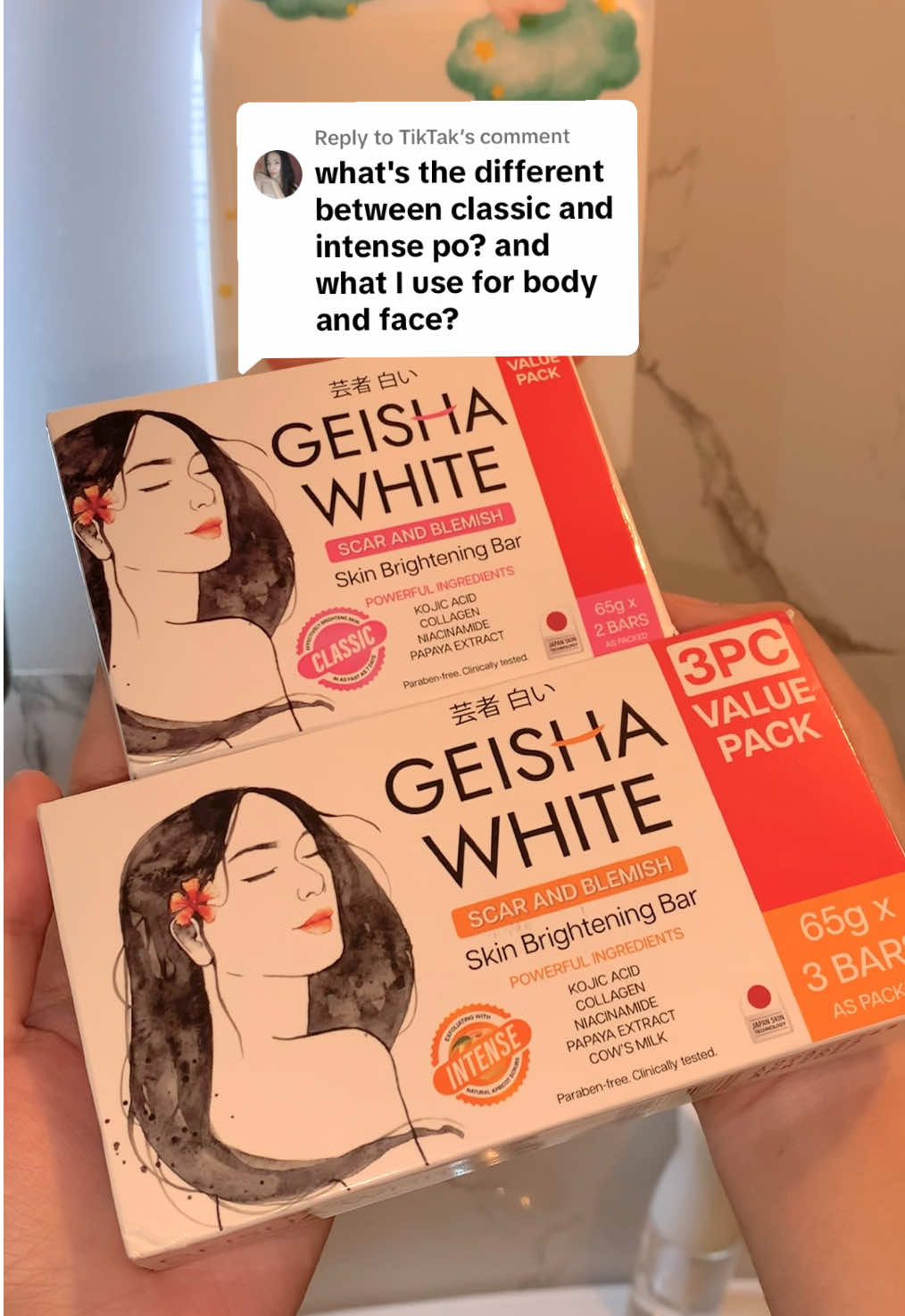 Replying to @TikTak Intense Vs. Classic Geisha White 🤔 Available naman siya sa watsons pero always soldout. Lagay ko nalang link ng trusted shop ko here #Whiteningsoap #geishawhiteintense #geishawhiteclassic #geishawhite #bestwhiteningsoap #fyp #foryou #fypage 