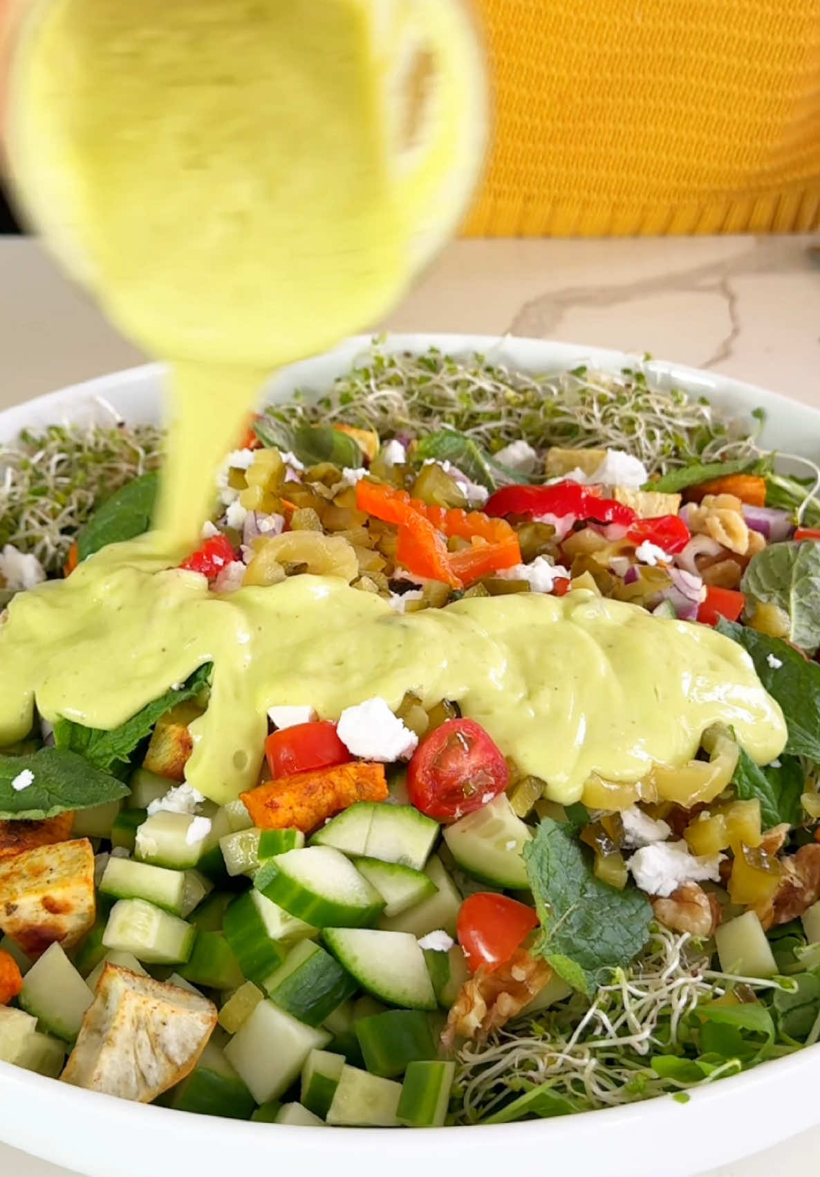 Fueling my body with vibrant, gut-loving meals like this salad—packed with nutrients, flavour, and fiber to support digestion and a strong microbiome 💪✨follow @splashofgoodness for more healthy recipes. This salad is next-level fresh and delicious 👇 🥗 Salad Ingredients: • Pea sprouts • Broccoli sprouts • Cherry tomatoes • Cucumber • 2 roasted sweet potatoes • Red onion • Walnuts • Fresh mint • Vegan feta (or regular) • Dill fermented cucumber or pickles 🥑 Avocado Dressing: • 1/2 avocado • Juice of 1 lemon • 2 garlic cloves • 1 tbsp Dijon mustard • 1 tsp honey or maple syrup • Salt to taste • 1 cup water (or more for desired consistency) Blend until smooth & creamy! Much love  Eva #VeganRecipe #GutHealth #PlantBasedPower #VeganSalad #MicrobiomeSupport #NourishToFlourish #EasyRecipe