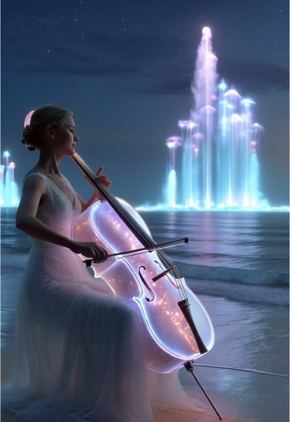 Instruments that glow🪉Light rising from the sea 🎻Music touching the sky 🎼 #magicofmusic #lightfountains #digitalart #violin #piano #harp #aiart #aicommunity #lumora_ai #tikmusic 