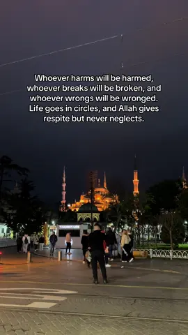 Whoever harms will be harmed, whoever breaks will be broken, and whoever wrongs will be wronged. Life goes in circles, and Allah gives respite but never neglects. #trustallah #peace #islam #islamicreminder #islamic_video #muslim 