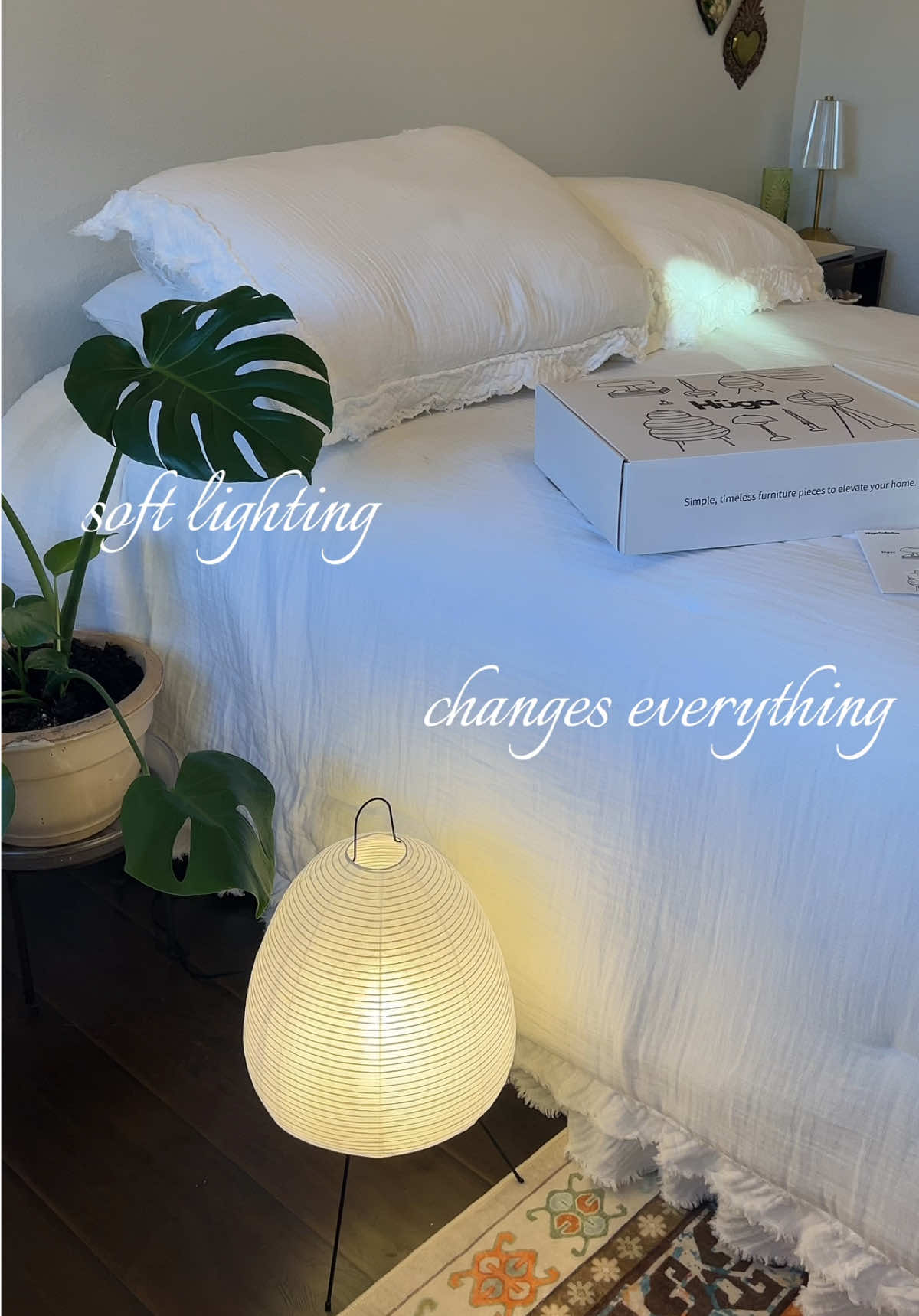 a cozy corner starts with @Hüga Collective & my current reads 📔 the Harmony Glow Akari Lamp is the perfect cozy lighting (gifted) that has brought such a zen & intimate mood to my room. #HügaCollective #cozyhome #MyHügaHome #paperlamps 