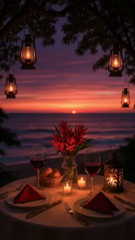 Candlelit whispers by the sea.  #RomanticEscape #SunsetMagic #SeasideDinner #LoveInTheAir #LuxuryMoments