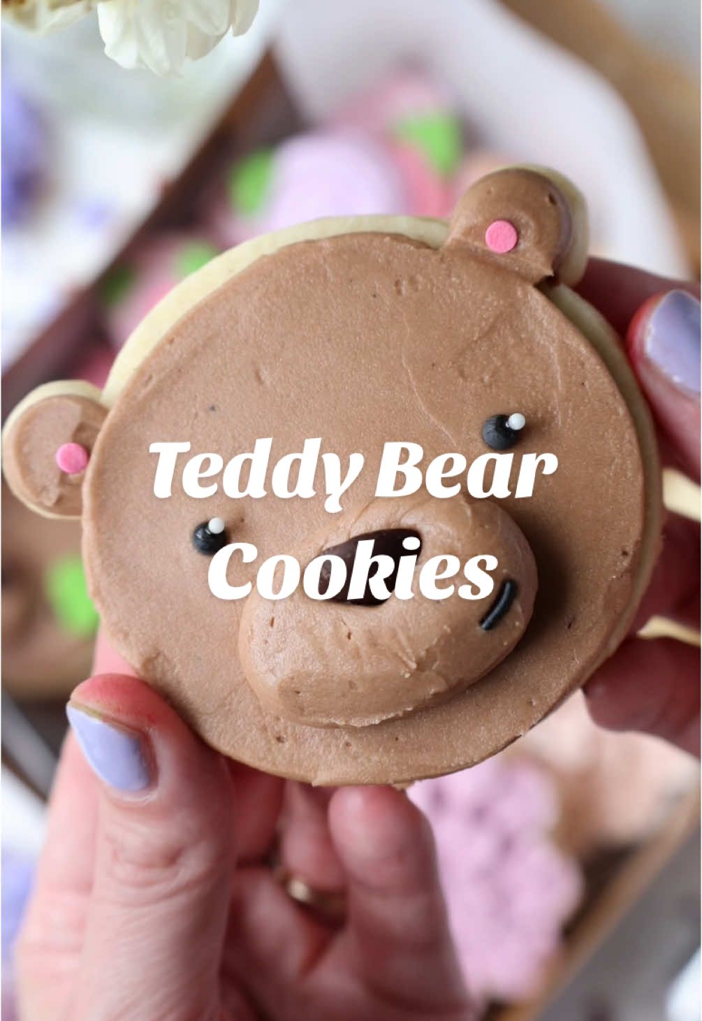 Teddy Bear (Mama Bear) Cookies 🧸🥰💗 Made with my soft and chewy cream cheese cookie recipe & frosted with milk chocolate buttercream!! The recipe is linked in my bio or you can google chelsweets bear cookies #teddybear #cookies 