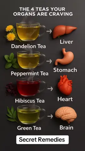 🫖🍵The 4 Teas Your Organs Are Craving Fuel your body the natural way - one cup at a time. 🌼Dandelion Tea → Liver Detox & cleanse: Supports liver health by boosting bile flow and flushing out toxins. 🌿Peppermint Tea → Stomach Soothe & digest: Calms the stomach, relieves bloating, and eases indigestion. 🌺Hibiscus Tea → Heart Heart strong: Lowers blood pressure and supports cardiovascular health. ☘️Green Tea → Brain Focus fuel: Enhances memory, alertness, and brain protection with antioxidants + L-theanine. Which one are you sipping today?  #TeaBenefits #HerbalTea #NaturalHealing #MealPlans #HealthyHabits #LiverDetox #GutHealth #HeartHealth #BrainBoost #holisticwellness #WellnessJourney #HealthyLivingTips #CleanEating #VeganVibes #HolisticHealth #HerbPower #KitchenHerbs #dailydetox 