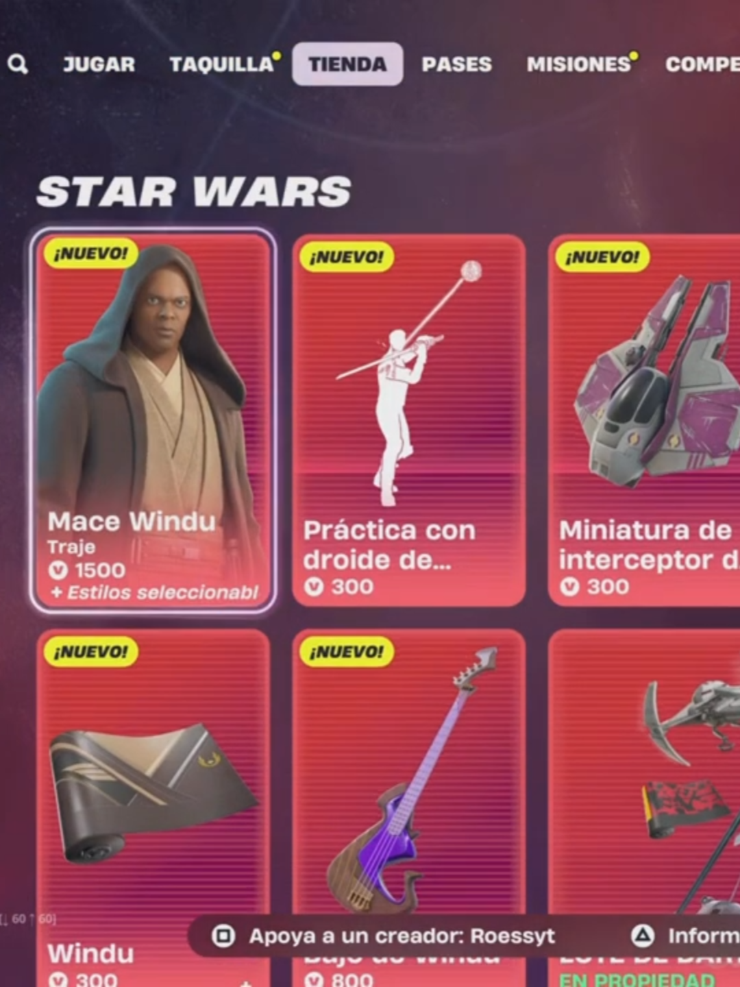 Nueva Skin Mace Windu! Nueva tienda Fortnite hoy 9/10 Mayo 2025! #fortnite #sabrinacarpenter #fortnite #chapter6 #battlepass #leaks #parati #news #star #starwars #foryou