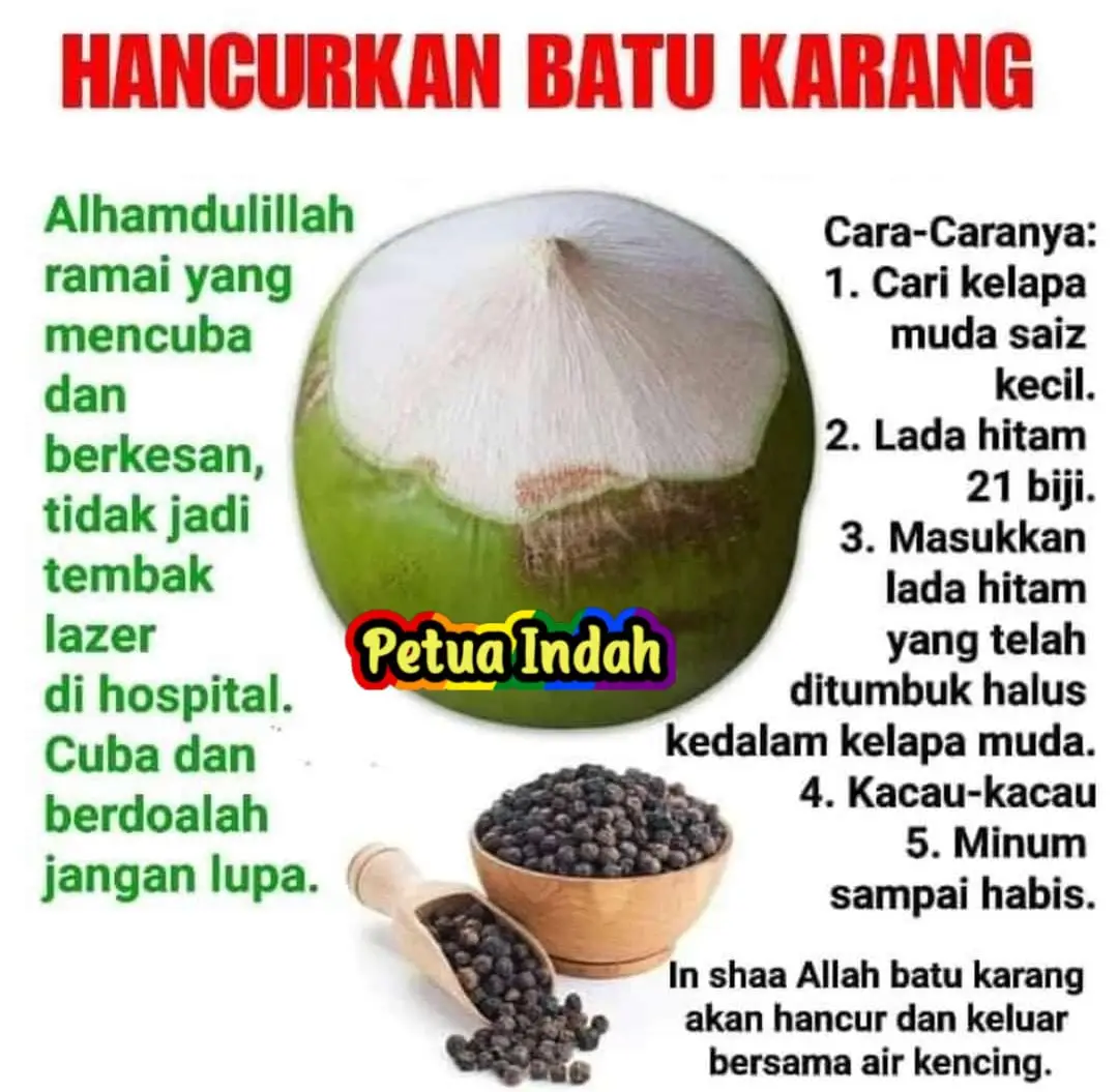 AIR KELAPA, BATU KARANG, SAKIT JANTUNG dan ASID REFLUKS  Kajian yang dilaporkan dalam Journal of Current Trends in Clinical Medicine & Laboratory Biochemistry pada 2014 menunjukan air kelapa boleh membersihkan jangkitan pada pundi kencing dan sangat efektif dalam melarutkan batu karang dalam buah pinggang. Menurut Dr. Eugenio Macalalag, meminum air kelapa 2 hingga 3 kali seminggu dapat pengurangan saiz batu karang dan tidak perlu pembedahan. Walaubagaimanapun, pada masa sama, pengambilan makanan yang tinggi oksalat perlu sederhana. Di antara makanan tinggi oksalat adalah coklat, bayam, kentang, teh dan rhubarb Kajian ke atas tikus menunjukkan air kelapa juga boleh kurangkan pembentukan plak di arteri. Kandungan potasium dan magnesium dalam air kelapa juga dapat membantu kurangkan tekanan darah tinggi dan strok. Kandungan potasium dalam air kelapa adalah 15 kali lebih tinggi berbanding kebanyakan minuman 'energy drinks' (264 mg berbanding 12.5 mg/100 ml) Air kelapa tanpa gula boleh bantu masalah asid refluks dan bantu kurangkan masalah usus. Semoga BERMANFAAT 🥰