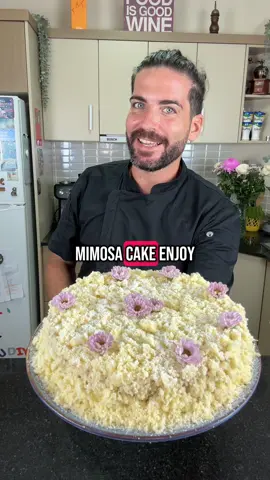 Mimosa Cake | A Classic Italian Dessert for Mother’s Day Soft, delicate, and filled with love — Torta Mimosa is the traditional Italian cake to celebrate women and mothers. Layers of fluffy sponge cake filled with light custard and whipped cream, gently soaked in rum syrup and topped with cubes of cake to resemble mimosa flowers. Pan di Spagna (sponge cake): 	•	6 eggs 	•	180g sugar 	•	180g all-purpose flour Bake at 170°C (340°F) for 35 minutes Filling: 	•	250ml milk 	•	2 egg yolks 	•	50g sugar 	•	25g corn starch 	•	Zest of 1 lemon 	•	200ml thickened cream 	•	Vanilla (optional) 	•	Pineapple slices (optional) Syrup (bagna): 	•	2 cups water 	•	3 tbsp sugar 	•	2 tbsp rum To finish: 	•	Icing sugar 	•	Sugar flowers (optional) A light, fragrant, and elegant dessert — just like mamma. #cookingwithtucci #mimosacake #tortamimosa #mothersdaycake #italiandesserts #italianbaking #pan di spagna #italiansweets #festivedesserts #homemadedessert #fyp