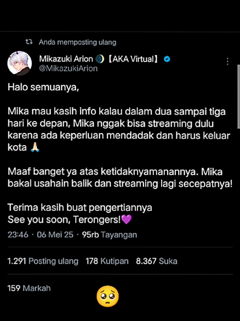 Vibesnya kayak nyambut suami pulang dari luar kota, ya? Btw I miss you so bad, Mika! 🥺💜 #mikazukiarion #arion #sol4ce #foryou #fyp #vtuber #xyzbca 