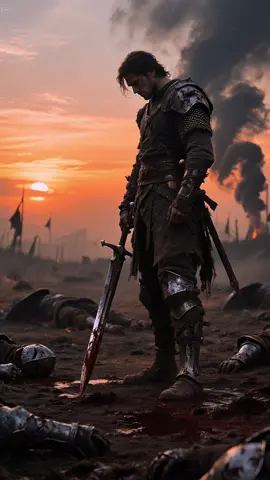 The Last Stand in the Wastes. A lone warrior stands over a field of fallen foes. Bloodied, breathless — he looks up. Not a victory. Just survival. #medievalart #fantasyart #darkfantasy #medieval #fantasy #knight #honor #brave #AIArt #fyp