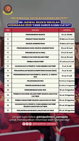 Jadwal Seleksi Sekolah Kedinasan Tahun 2025 #jadwalsekdin #sekdin2025 #informasisekdin2025 #update #ipdn #stin #stan #poltekip #poltekim #poltekin #stmkg #sttd #pktj #pip #stis #poltekssn 
