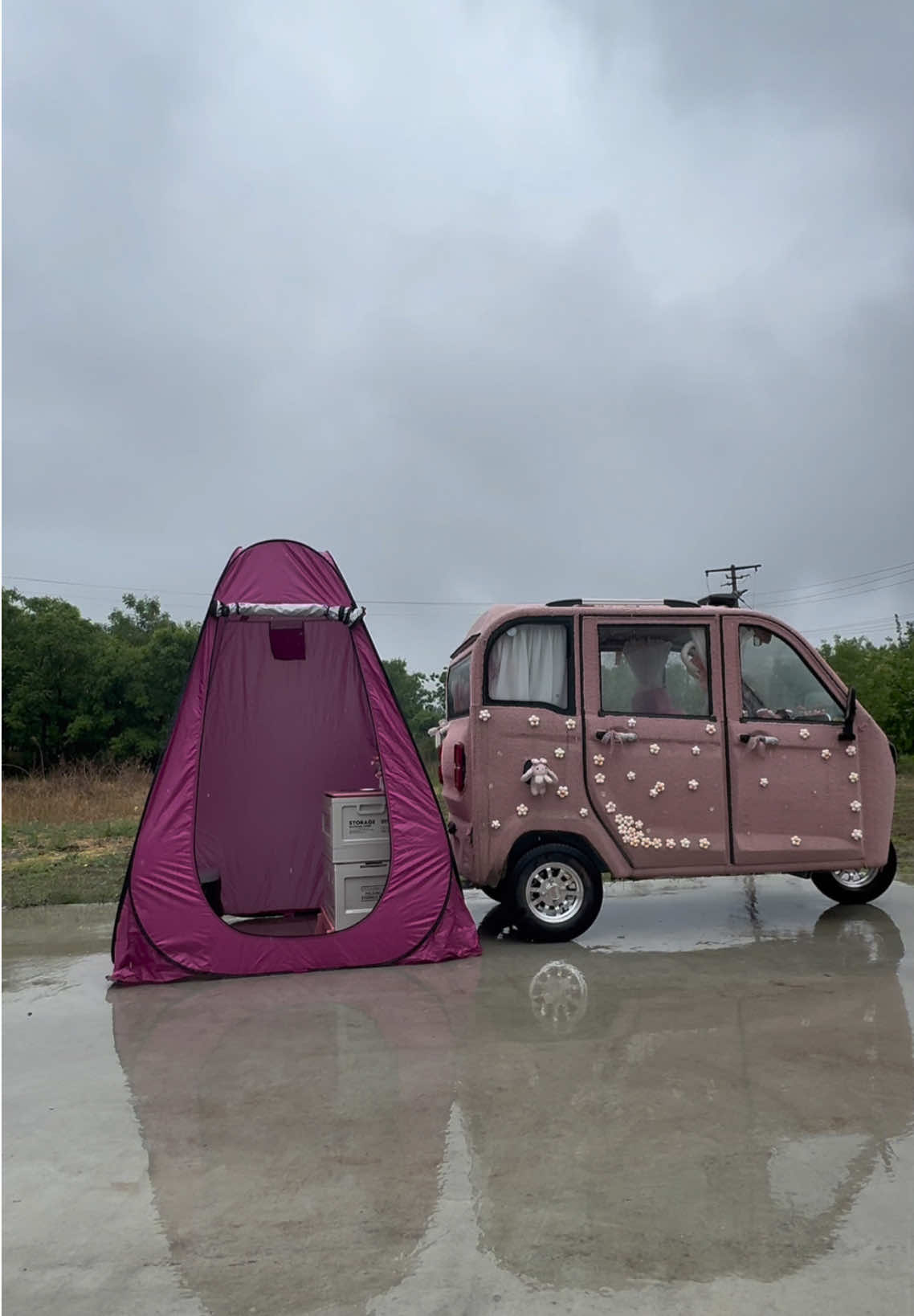 Camp in rain with my cozy mini tricycle. Asmr outdoors.#tricycle #asmr #limousine #glamping #relax #cozyspace #fyp #minicar #campinglife #electriccar #camp #outdoor #calming 