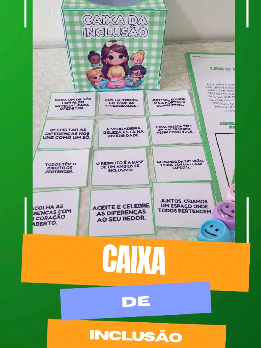 🖨️ O material vai em PDF pronto para impressão, e inclui os seguintes itens: 💜Molde para caixa  💚20 fichas com frases incentivando a inclusão  💙Atividade com texto explicativo sobre o que significa inclusão  ➡️