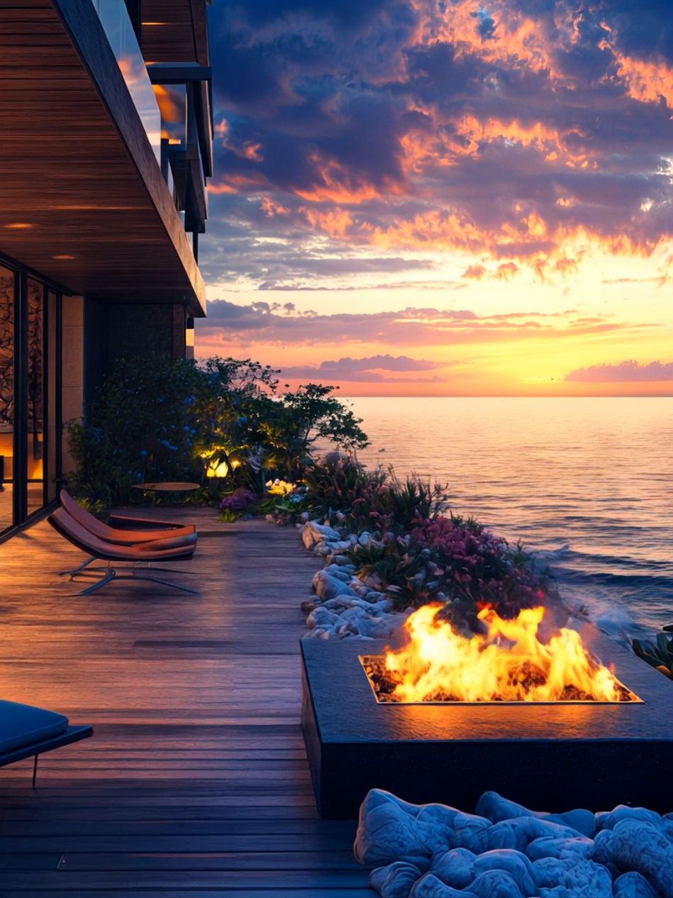 Luxury oceanfront villa with a private sunset terrace and modern firepit lounge. Perfect for relaxing evenings by the sea. #LuxuryVilla  #OceanView  #SunsetLounge  #DreamHome  #LuxuryLiving  #ModernArchitecture  #FirePitVibes  #tiktoktravel  #CoastalRetreat  #EveningGoals 
