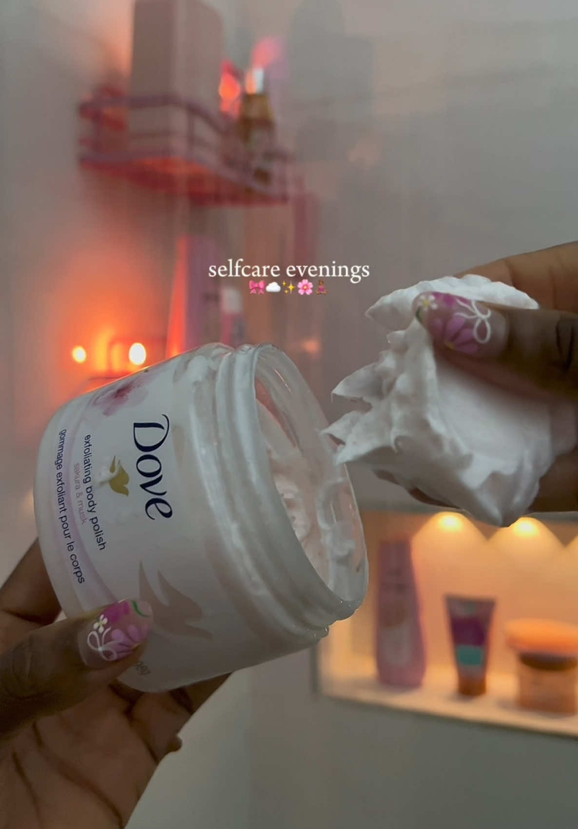 my girly selfcare night 🌸🫧 USING: @PATTERN Beauty conditioner @sundaebody shower foam @Dove Beauty & Personal Care body scrub @Caudalie foaming cleanser and serum @rhode skin glazing milk @laneige_us bouncy and firm lip treatment  @Glow Recipe ultra fine facial mist @Peter Thomas Roth Labs eye patches @Ellis Brooklyn hair and body mist