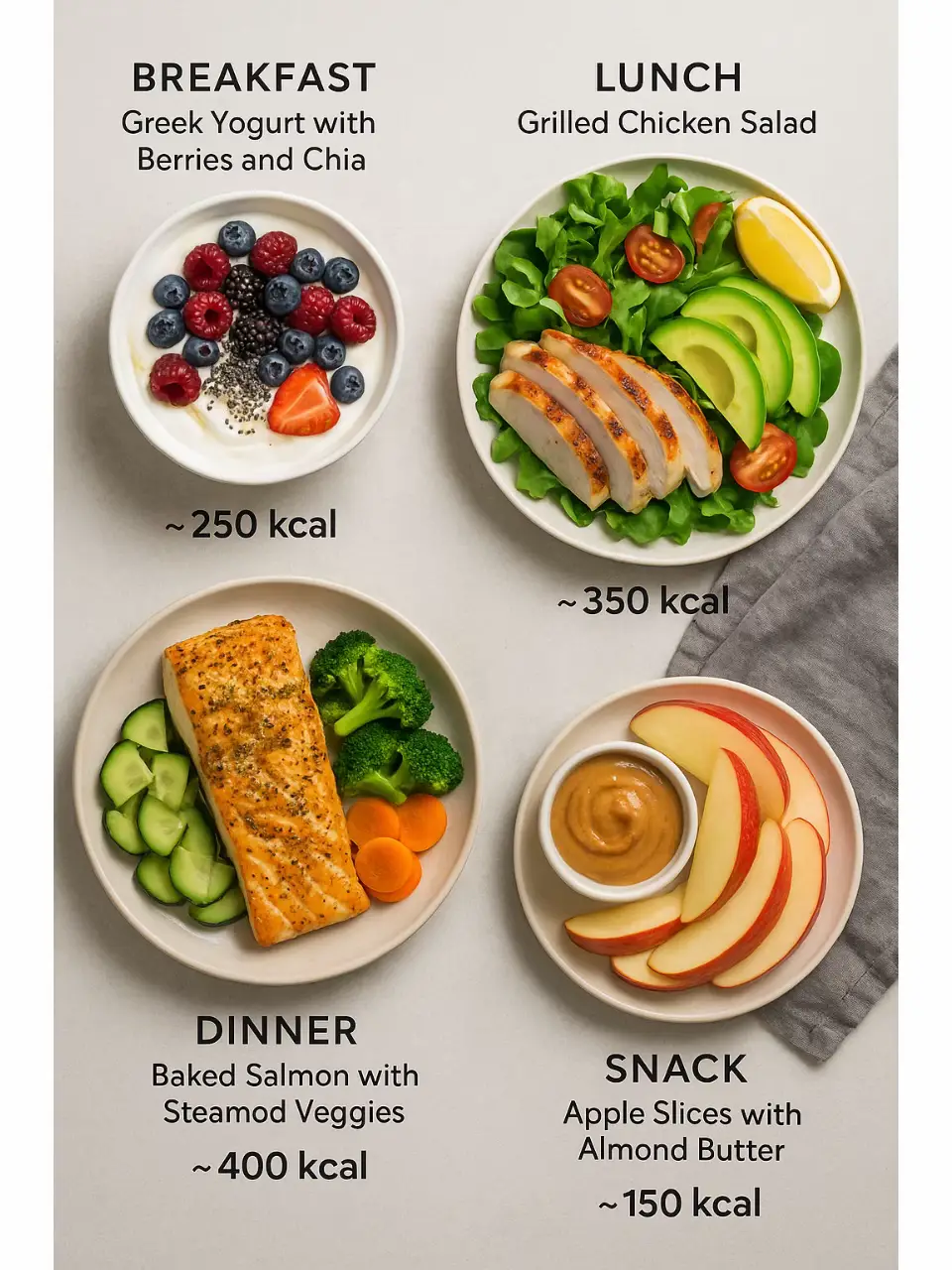 Here’s a simple low-calorie meal plan with easy recipes for breakfast, lunch, dinner, and a snack, all balanced and nutritious: ⸻ Breakfast: Greek Yogurt with Berries and Chia Calories: ~250 kcal Ingredients: 	•	150g plain Greek yogurt (low-fat) 	•	1/2 cup mixed berries (blueberries, strawberries, raspberries) 	•	1 tsp chia seeds 	•	1 tsp honey (optional) Instructions: 	1.	In a bowl, combine yogurt and berries. 	2.	Sprinkle chia seeds on top. 	3.	Drizzle honey if you like a touch of sweetness. ⸻ Lunch: Grilled Chicken Salad Calories: ~350 kcal Ingredients: 	•	100g grilled chicken breast 	•	2 cups mixed greens (arugula, spinach, lettuce) 	•	1/2 cucumber, sliced 	•	5 cherry tomatoes, halved 	•	1/4 avocado, sliced 	•	1 tsp olive oil + lemon juice for dressing 	•	Salt and pepper to taste Instructions: 	1.	Slice grilled chicken. 	2.	Toss veggies and avocado in a bowl. 	3.	Drizzle with olive oil and lemon, add chicken on top. ⸻ Dinner: Baked Salmon with Steamed Veggies Calories: ~400 kcal Ingredients: 	•	120g salmon fillet 	•	1 tsp olive oil 	•	1 cup broccoli 	•	1/2 cup carrots 	•	Lemon slices, garlic, herbs Instructions: 	1.	Season salmon with garlic, herbs, and lemon. 	2.	Bake at 180°C (350°F) for 15–20 min. 	3.	Steam broccoli and carrots until tender. Serve together. ⸻ Snack: Apple Slices with Almond Butter Calories: ~150 kcal Ingredients: 	•	1 medium apple, sliced 	•	1 tbsp almond butter Instructions: 	1.	Slice apple and serve with almond butter for dipping. #healthy #easy #food #EasyRecipe #EasyRecipes #tasty #Foodie #healthylifestyle #healthyliving #healthymeal #cooking #homecooking #groceries #mealprep #foodblogger #recipesforyou #recipes #Recipe 