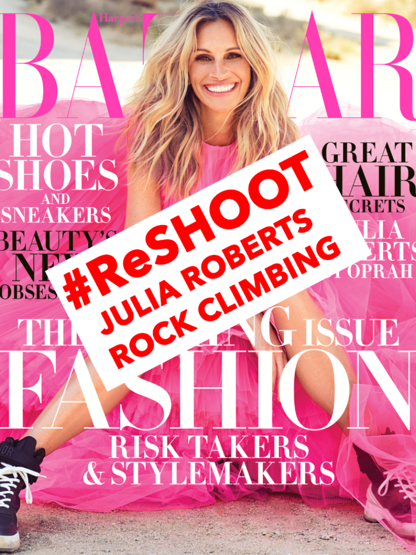 #ReSHOOTseries. The time we strapped Julia Roberts to a cliff.      #juliaroberts #rockclimbing #hautecouture  #bazaarus @Harper’s BAZAAR #fashion #nostalgia #archive @Elizabeth Stewart  @genevievemakeup  #photography #behindthescenes #fashionphotography 