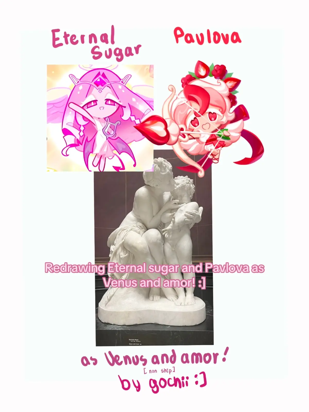 . . . . . I loveeee sm the new crk update, I love the fact that it has artistic references [The Bosch and such] soo I redrew this sculpture of Venus and Cupid made by Reinhold Begas in 1864. but make it Eternal sugar and Pavlova, anyways I hope you like it :] . . [ALSO THIS IS A NON SHIP] . . . . . #cookierunkingdom #cookierunfanart #shadowmilkcookie #art #digitalart #fanart #drawing #purevanillacookie #crk #sketch . #darkchococookie #blackforestcookie #wlw #mlm #meme #eternalsugarcookie #pavlovacookie @cookierunkingdom 