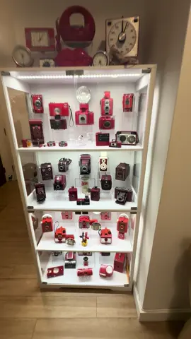 New camera display cabinet.  #cameracollection #vintagecamera #filmphotography #cameracollector #collector #redcamera #antiquecamera #photography #photographer #camera 