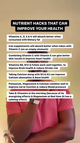 The purpose of this video isn’t to say that if you have the listed signs/ symptoms, then you are definitely deficient in these nutrients. Many times, you may have these symptoms and they won’t be due to nutrient deficiencies. The purpose of the video is to say that Nutrient deficiencies MAY be responsible for these symptoms, especially if the more common causes have been ruled out by your Doctor. That said, here are Foods that are rich in various nutrients: (1) B-Vitamins: Liver, seafood, dairy products, legumes, eggs, seeds, leafy greens, poultry (2) Magnesium: Whole Wheat , Cashews, Peanuts, Spinach, Quinoa, Almonds, Dark Chocolate (3) Vitamin C: Citrus fruits (Oranges, Kiwi, Lemon etc), Sweet potatoes, Blackcurrants, Peppers, Strawberries, Cruciferous vegetables (broccoli, Brussels sprouts, cabbage, cauliflower) (4) Iodine: Seafood (especially White fish, Seafish, Shellfish etc), Dairy products, Seaweed, Iodised salt, Yoghurt (5) Iron: Beans, Tomato products, Lentils, Dried beans, Liver (AVOID THIS DURING PREGNANCY), Red meat, Nuts, Pumpkin seeds (6) Vitamin D: Oily fish, including salmon, mackerel, and sardines, Certain Mushrooms. Other sources include egg yolks, red meat, and liver. (7) Zinc: Oysters, Crabs, Beef, Lobster, Pork, Chickpeas & other Legumes, Cashews & other Nuts PLEASE SHARE THIS INFORMATION! 🙏🏾💕